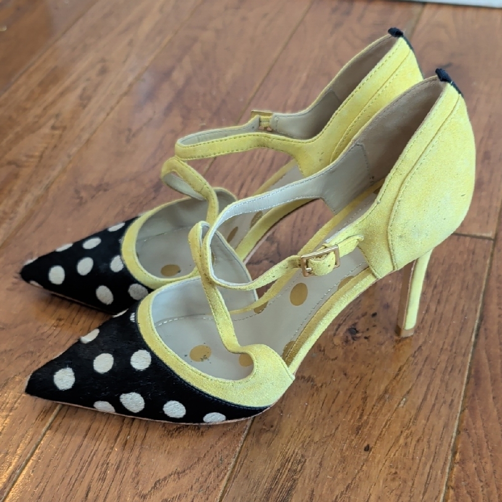 Boden Trisha Yellow and Black Polka Dot Cowhide Pointy Toe Strappy Heels - Picture 1 of 16